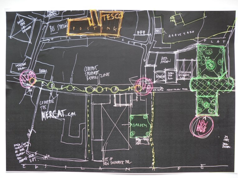 linear sketch with colour highlights